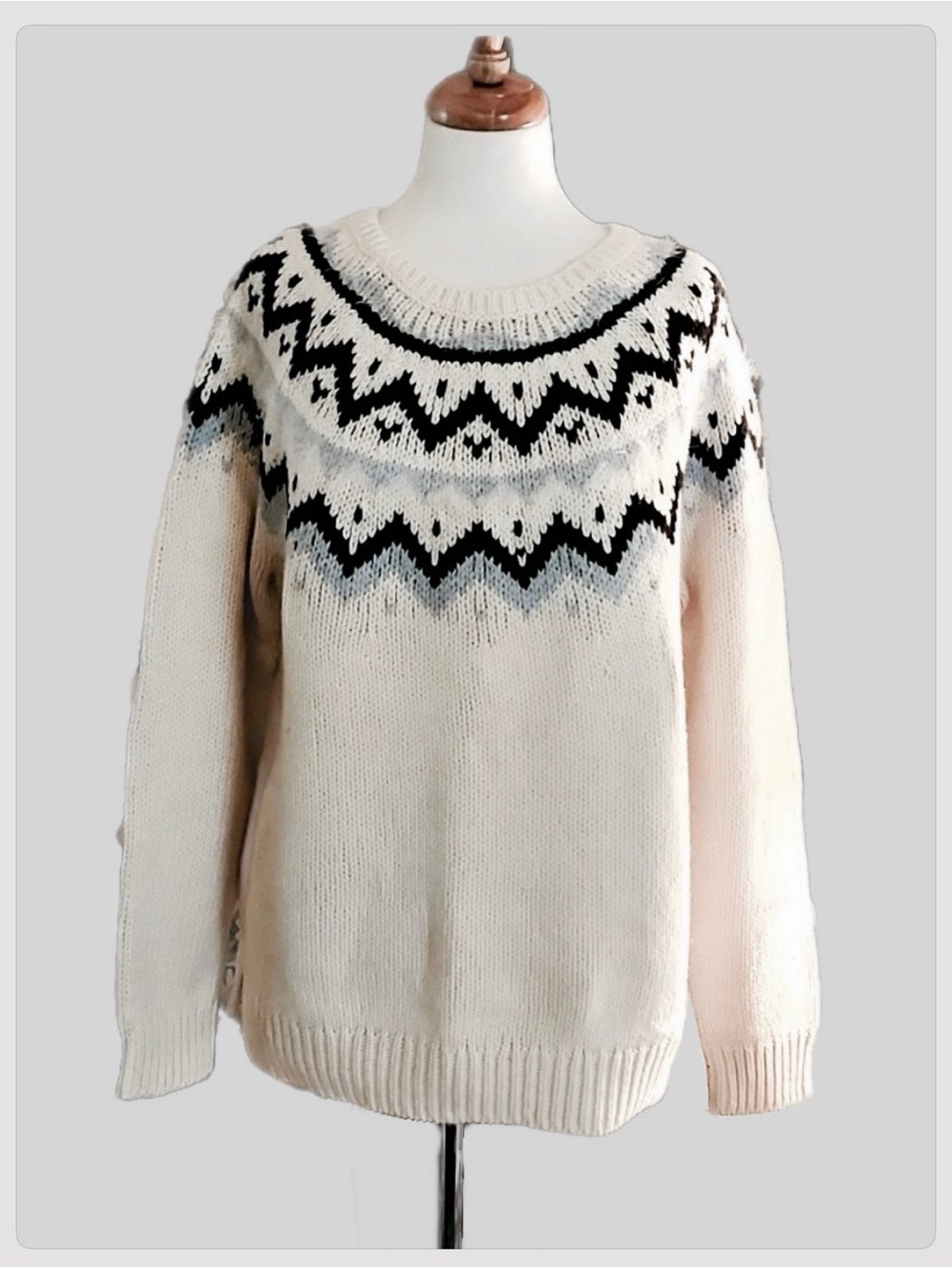 LOFT Fair Isle Crewneck Sweater Winter White Cream with Black and Blue Pattern